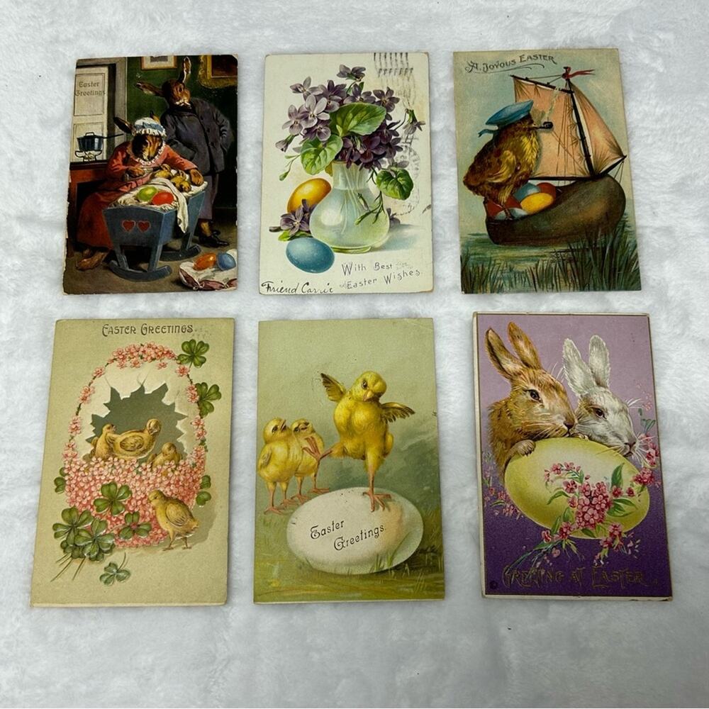 Antique Easter Post Card Bunny Embossed Lot of 6 Post Cards Early 1900s Portrait